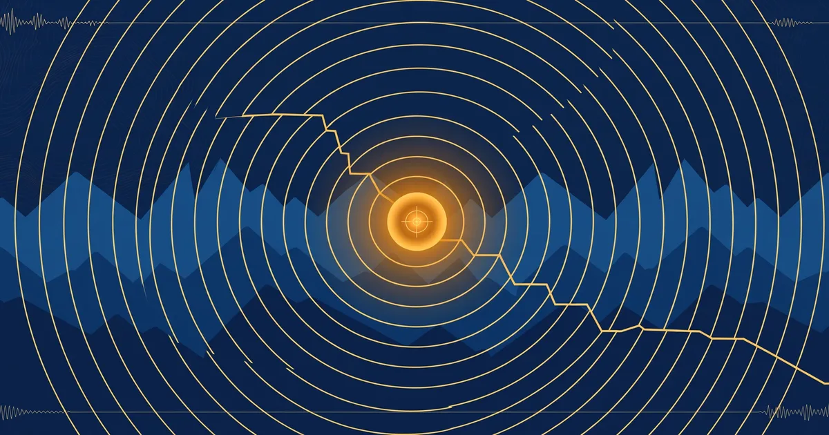 Illustration: seismic wave rings radiating over stylised Himalayan ridges in navy and gold