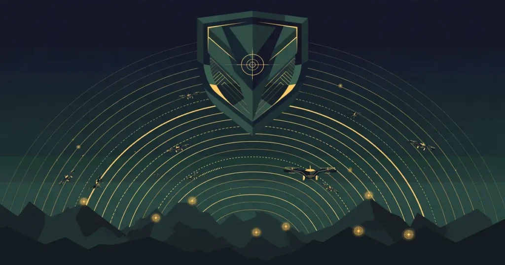Abstract illustration of a shield with radar waves over mountain ridgelines, symbolizing Pakistan's counterterrorism operations in Khyber Pakhtunkhwa