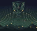 Abstract illustration of a shield with radar waves over mountain ridgelines, symbolizing Pakistan's counterterrorism operations in Khyber Pakhtunkhwa
