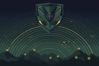 Abstract illustration of a shield with radar waves over mountain ridgelines, symbolizing Pakistan's counterterrorism operations in Khyber Pakhtunkhwa