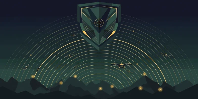 Abstract illustration of a shield with radar waves over mountain ridgelines, symbolizing Pakistan's counterterrorism operations in Khyber Pakhtunkhwa
