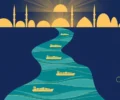 Abstract illustration of cargo ships sailing a narrow strait beneath a stylised Istanbul skyline, representing the Hormuz shipping security talks