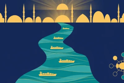 Abstract illustration of cargo ships sailing a narrow strait beneath a stylised Istanbul skyline, representing the Hormuz shipping security talks