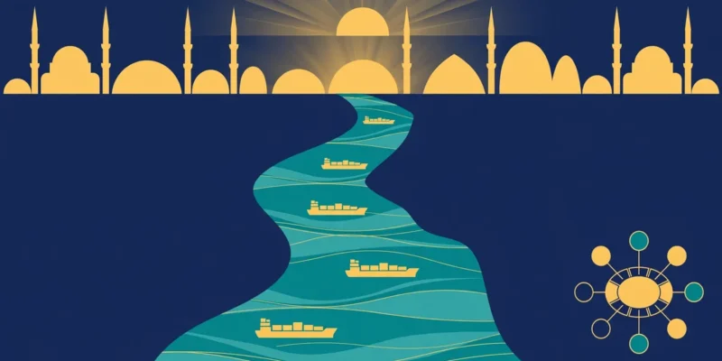 Abstract illustration of cargo ships sailing a narrow strait beneath a stylised Istanbul skyline, representing the Hormuz shipping security talks