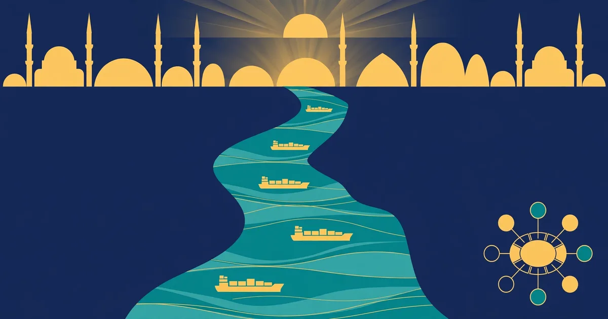 Abstract illustration of cargo ships sailing a narrow strait beneath a stylised Istanbul skyline, representing the Hormuz shipping security talks