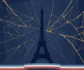 Illustration: Eiffel Tower silhouette under cracked gold glass on a navy night sky with a French tricolor ribbon