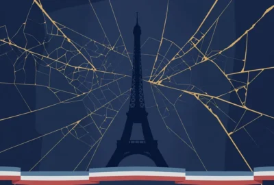Illustration: Eiffel Tower silhouette under cracked gold glass on a navy night sky with a French tricolor ribbon