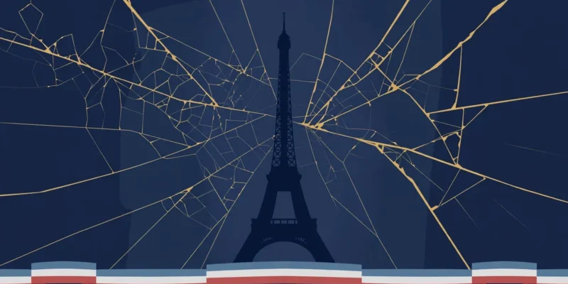Illustration: Eiffel Tower silhouette under cracked gold glass on a navy night sky with a French tricolor ribbon