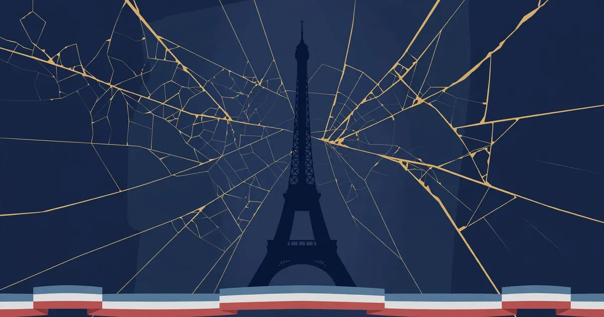 Illustration: Eiffel Tower silhouette under cracked gold glass on a navy night sky with a French tricolor ribbon