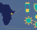 Illustration: stylised map of Africa with a laboratory vial, shield and virus symbols in navy, teal and gold.