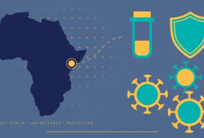 Illustration: stylised map of Africa with a laboratory vial, shield and virus symbols in navy, teal and gold.