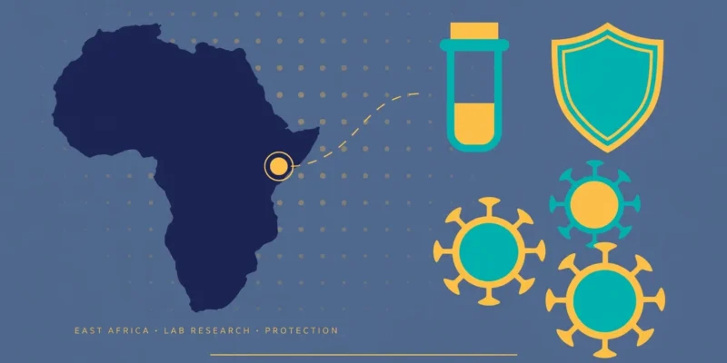 Illustration: stylised map of Africa with a laboratory vial, shield and virus symbols in navy, teal and gold.