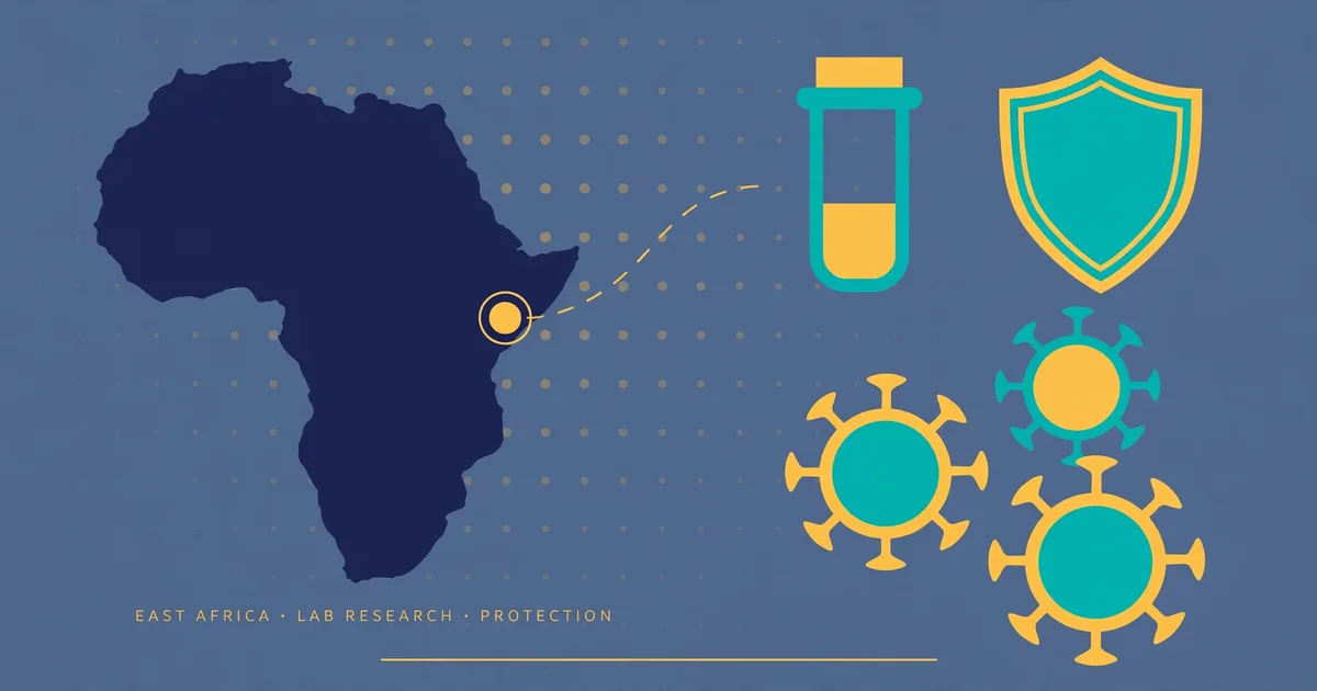 Illustration: stylised map of Africa with a laboratory vial, shield and virus symbols in navy, teal and gold