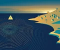 Flat illustration of a Pacific island coastline with concentric seismic wave rings spreading across a deep navy sea and a yellow warning triangle above the water