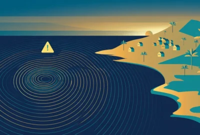 Flat illustration of a Pacific island coastline with concentric seismic wave rings spreading across a deep navy sea and a yellow warning triangle above the water