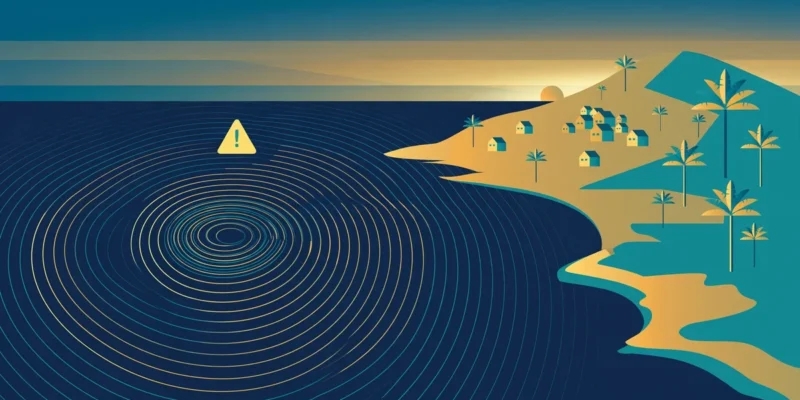 Flat illustration of a Pacific island coastline with concentric seismic wave rings spreading across a deep navy sea and a yellow warning triangle above the water