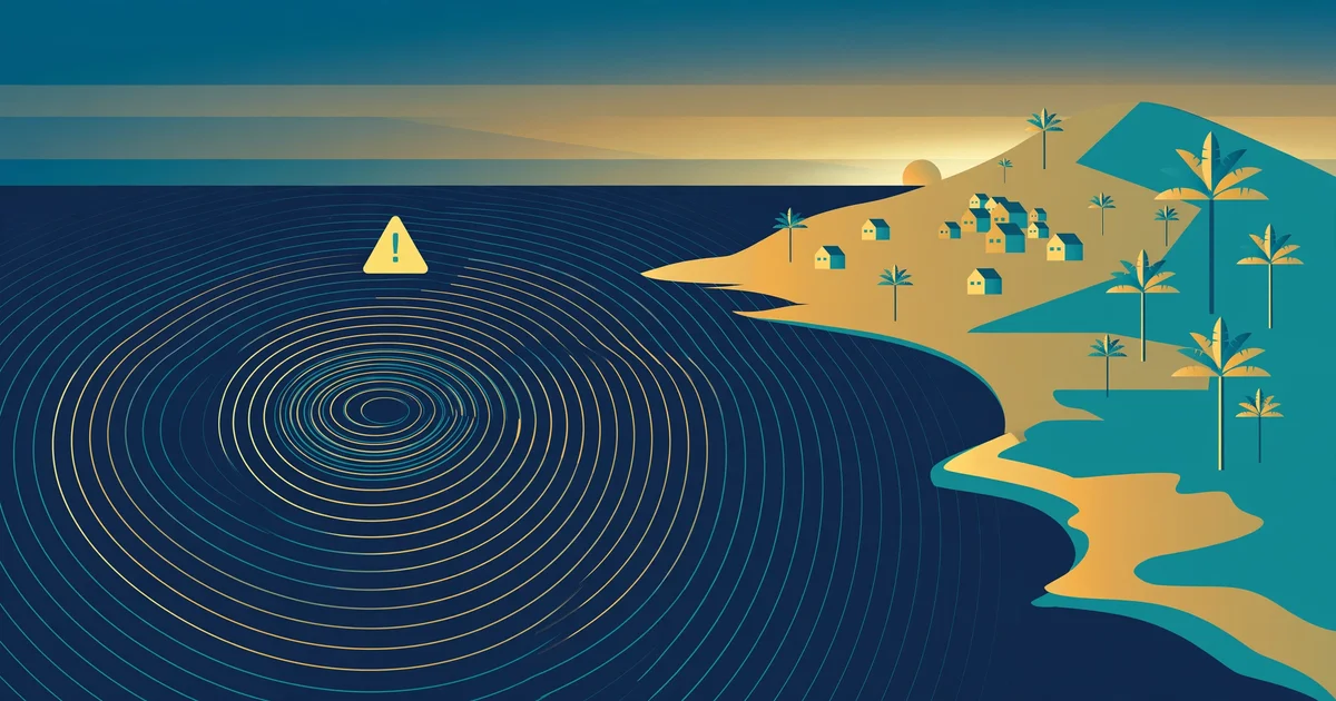 Flat illustration of a Pacific island coastline with concentric seismic wave rings spreading across a deep navy sea and a yellow warning triangle above the water