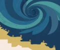 Illustration: stylised Bay of Bengal cyclone swirl over a simplified coastline map in navy, teal and gold, with warning markers — no people, no photograph
