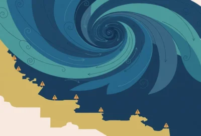 Illustration: stylised Bay of Bengal cyclone swirl over a simplified coastline map in navy, teal and gold, with warning markers — no people, no photograph