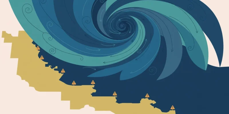 Illustration: stylised Bay of Bengal cyclone swirl over a simplified coastline map in navy, teal and gold, with warning markers — no people, no photograph