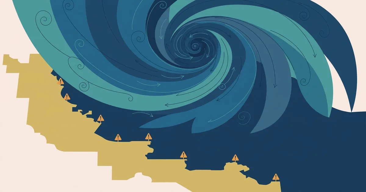 Illustration: stylised Bay of Bengal cyclone swirl over a simplified coastline map in navy, teal and gold, with warning markers — no people, no photograph