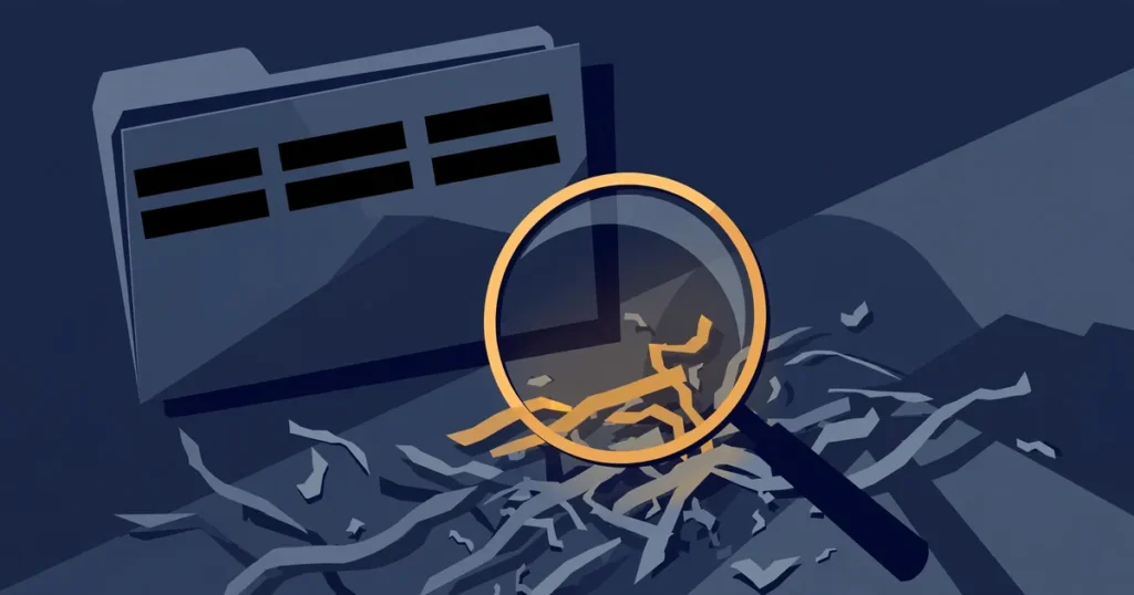Conceptual flat-style illustration of a classified intelligence dossier with black redaction bars, a magnifying glass and scattered shredded paper on a dark blue background — symbolic artwork, not a photograph