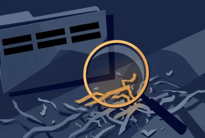 Conceptual flat-style illustration of a classified intelligence dossier with black redaction bars, a magnifying glass and scattered shredded paper on a dark blue background — symbolic artwork, not a photograph