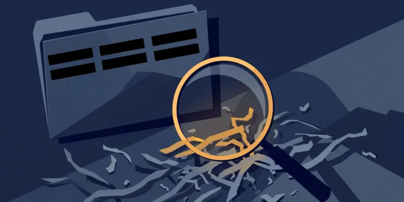 Conceptual flat-style illustration of a classified intelligence dossier with black redaction bars, a magnifying glass and scattered shredded paper on a dark blue background — symbolic artwork, not a photograph