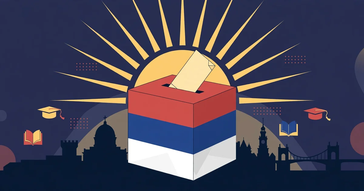 Illustration: stylised ballot box in Serbian flag colours with graduation caps, books and a city skyline under a rising sun