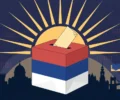 Illustration: stylised ballot box in Serbian flag colours with graduation caps, books and a city skyline under a rising sun