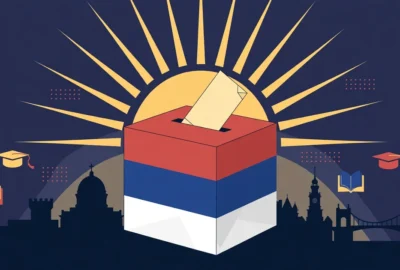 Illustration: stylised ballot box in Serbian flag colours with graduation caps, books and a city skyline under a rising sun