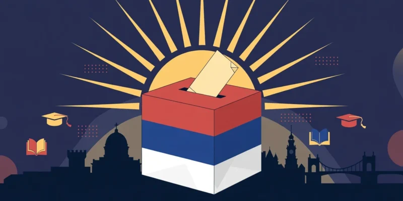 Illustration: stylised ballot box in Serbian flag colours with graduation caps, books and a city skyline under a rising sun