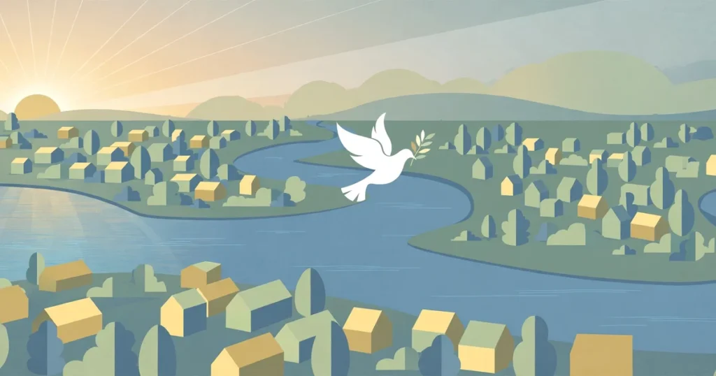 Illustration: a white dove carrying an olive branch flying over a winding river between two halves of a small riverside town at sunrise