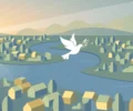 Illustration: a white dove carrying an olive branch flying over a winding river between two halves of a small riverside town at sunrise