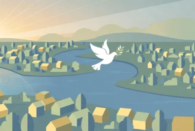 Illustration: a white dove carrying an olive branch flying over a winding river between two halves of a small riverside town at sunrise
