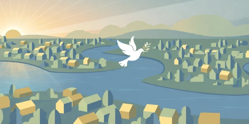 Illustration: a white dove carrying an olive branch flying over a winding river between two halves of a small riverside town at sunrise