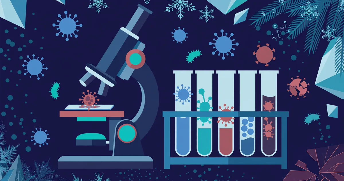 Conceptual flat-vector illustration of a laboratory microscope, test tubes and abstract germ shapes in blue, teal and red tones on a dark navy background — symbolic artwork, not a photograph