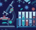 Conceptual flat-vector illustration of a laboratory microscope, test tubes and abstract germ shapes in blue, teal and red tones on a dark navy background — symbolic artwork, not a photograph
