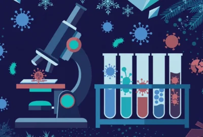 Conceptual flat-vector illustration of a laboratory microscope, test tubes and abstract germ shapes in blue, teal and red tones on a dark navy background — symbolic artwork, not a photograph