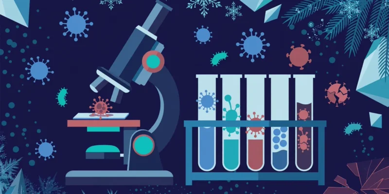Conceptual flat-vector illustration of a laboratory microscope, test tubes and abstract germ shapes in blue, teal and red tones on a dark navy background — symbolic artwork, not a photograph