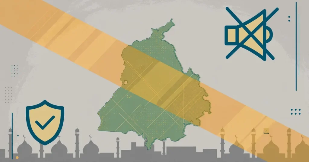 Editorial illustration of a Punjab map outline with a shield and muted-loudspeaker icon on a security-alert ribbon