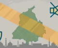 Editorial illustration of a Punjab map outline with a shield and muted-loudspeaker icon on a security-alert ribbon