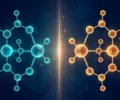 Abstract conceptual illustration of two mirror-image molecular structures, one teal and one amber, reflected across a glowing vertical axis on a dark blue background