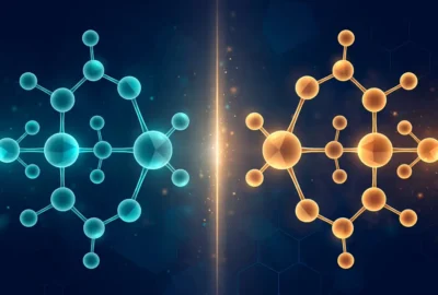 Abstract conceptual illustration of two mirror-image molecular structures, one teal and one amber, reflected across a glowing vertical axis on a dark blue background