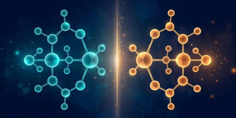 Abstract conceptual illustration of two mirror-image molecular structures, one teal and one amber, reflected across a glowing vertical axis on a dark blue background