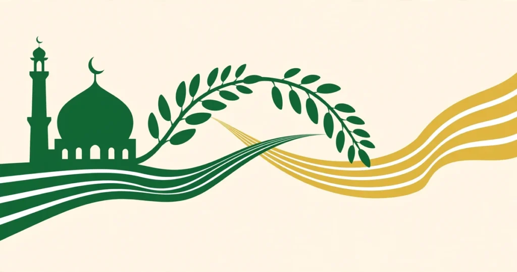 Conceptual illustration of a stylized mosque dome and olive branches in Vatican gold and Pakistan green, symbolising interfaith dialogue and diplomacy