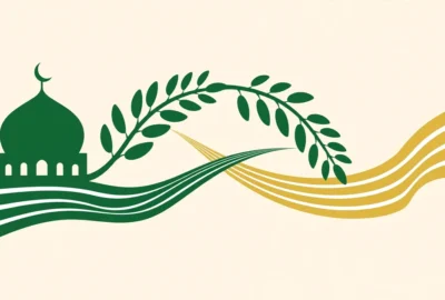 Conceptual illustration of a stylized mosque dome and olive branches in Vatican gold and Pakistan green, symbolising interfaith dialogue and diplomacy
