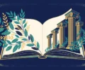 Abstract editorial illustration of an open book whose pages transform into Greek column silhouettes and laurel leaves in teal and gold on a deep navy background — symbolic artwork, not a photograph