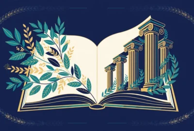 Abstract editorial illustration of an open book whose pages transform into Greek column silhouettes and laurel leaves in teal and gold on a deep navy background — symbolic artwork, not a photograph