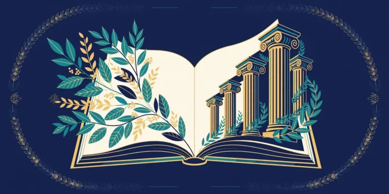 Abstract editorial illustration of an open book whose pages transform into Greek column silhouettes and laurel leaves in teal and gold on a deep navy background — symbolic artwork, not a photograph